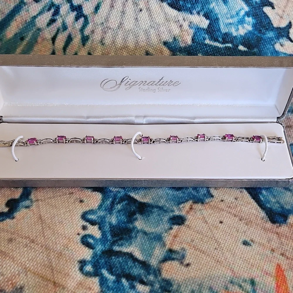 Signature Sterling Silver Pink Rhinestone Tennis Bracelet - Picture 5 of 16